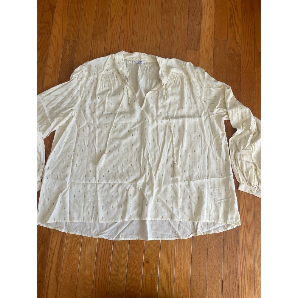 crown & ivy Cream Long Sleeve Split V-Neck Blouse with Subtle Dot Embroidery